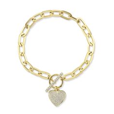Shy Creation 3/8ctw Diamond Pave Heart Yellow Gold Paperclip Link Bracelet