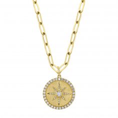 Shy Creation 3/8ctw Diamond Starburst Medallion Yellow Gold Paperclip Link Necklace
