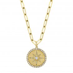 Shy Creation 3/8ctw Diamond Starburst Medallion Yellow Gold Paperclip Link Necklace