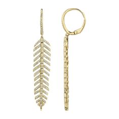 Shy Creation 5/8ctw Diamond Feather Yellow Gold Drop Earrings