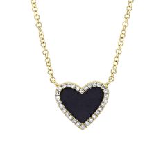 Shy Creation Black Onyx and 1/10ctw Diamond Heart Yellow Gold Necklace