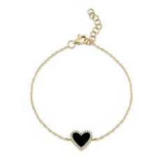 Shy Creation Black Onyx and 1/10ctw Round Diamond Yellow Gold Heart Bracelet