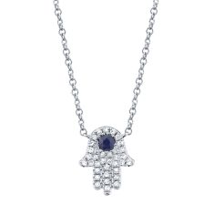Shy Creation Blue Sapphire and 1/10ctw Diamond Hamsa White Gold Necklace
