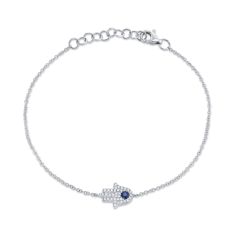 Shy Creation Blue Sapphire and 1/10ctw Round Diamond White Gold Hamsa Bracelet