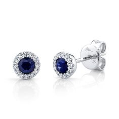 Shy Creation Blue Sapphire and 1/15ctw Diamond White Gold Halo Earrings