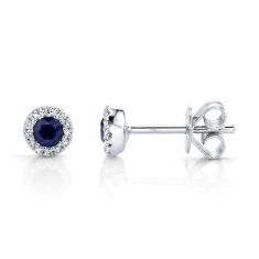 Shy Creation Blue Sapphire and 1/15ctw Diamond White Gold Halo Earrings