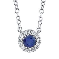 Shy Creation Blue Sapphire and 1/20ctw Diamond Halo White Gold Pendant Necklace