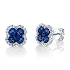 Shy Creation Blue Sapphire and 1/3ctw Diamond White Gold Clover Stud Earrings