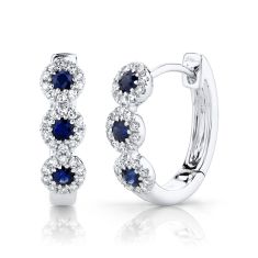 Shy Creation Blue Sapphire and 1/6ctw Diamond White Gold Huggie Hoop Earrings