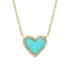 Shy Creation Composite Turquoise and 1/10ctw Diamond Heart Yellow Gold Necklace
