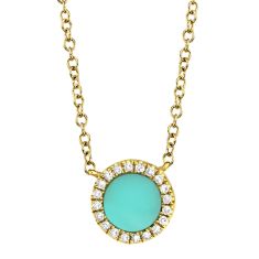 Shy Creation Composite Turquoise and 1/20ctw Diamond Circle Yellow Gold Necklace