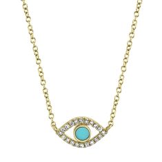 Shy Creation Composite Turquoise and 1/20ctw Diamond Evil Eye Yellow Gold Necklace