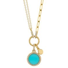 Shy Creation Composite Turquoise and 1/8ctw Diamond Circle Yellow Gold Necklace
