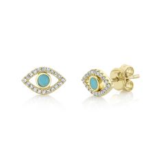 Shy Creation Composite Turquoise and 1/8ctw Diamond Evil Eye Yellow Gold Stud Earrings