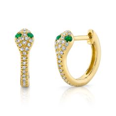 Shy Creation Emerald and 1/10ctw Diamond Snake Yellow Gold Huggie Hoop Earrings