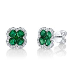 Shy Creation Emerald and 1/3ctw Diamond White Gold Clover Stud Earrings