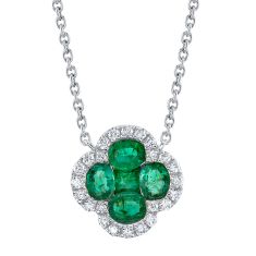 Shy Creation Emerald and 1/6ctw Diamond White Gold Clover Necklace