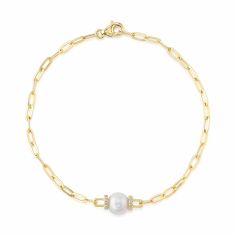 Shy Creation Freshwater Cultured Pearl and 1/15ctw Diamond Yellow Gold Paperclip Chain Bracelet