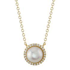 Shy Creation Freshwater Cultured Pearl and 1/15ctw Diamond Yellow Gold Pendant Necklace