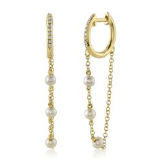 Shy Creation Freshwater Cultured Pearl and 1/20ctw Diamond Yellow Gold Chain Drop Hoop Earrings
