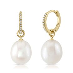 Shy Creation Freshwater Cultured Pearl and 1/20ctw Diamond Yellow Gold Huggie Hoop Drop Earrings