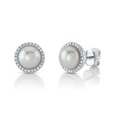 Shy Creation Freshwater Cultured Pearl and 1/6ctw Diamond White Gold Stud Earrings