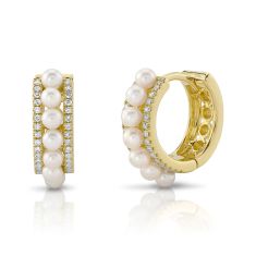 Shy Creation Freshwater Cultured Pearl and 1/6ctw Diamond Yellow Gold Huggie Hoop Earrings