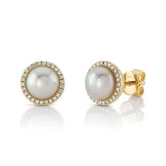 Shy Creation Freshwater Cultured Pearl and 1/6ctw Diamond Yellow Gold Stud Earrings