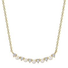 Shy Creation Freshwater Cultured Pearl and 1/8ctw Diamond Yellow Gold Curved Bar Necklace