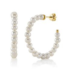Shy Creation Freshwater Cultured Pearl Yellow Gold Hoop Earrings