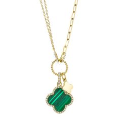 Shy Creation Malachite and 1/6ctw Diamond Clover Yellow Gold Necklace