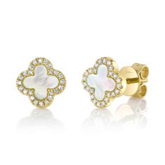 Shy Creation Mother-of-Pearl and 1/10ctw Diamond Clover Yellow Gold Stud Earrings