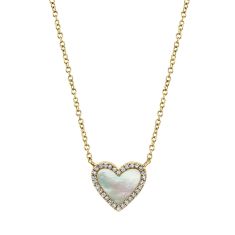 Shy Creation Mother-of-Pearl and 1/10ctw Diamond Heart Yellow Gold Necklace