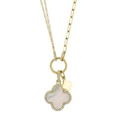 Shy Creation Mother-of-Pearl and 1/6ctw Diamond Clover Yellow Gold Necklace