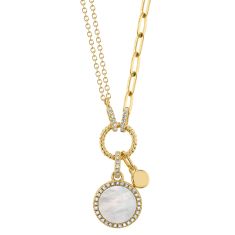 Shy Creation Mother-of-Pearl and 1/8ctw Diamond Circle Yellow Gold Necklace