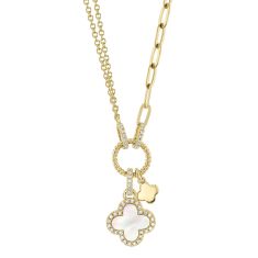 Shy Creation Mother-of-Pearl and 1/8ctw Diamond Clover Yellow Gold Necklace