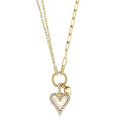 Shy Creation Mother-of-Pearl and 1/8ctw Diamond Heart Yellow Gold Necklace