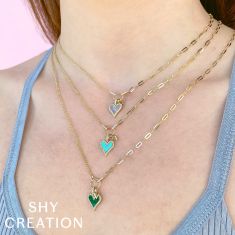 Shy Creation Mother-of-Pearl and 1/8ctw Diamond Heart Yellow Gold Necklace