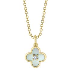 Shy Creation Mother-of-Pearl and Diamond Accent Clover Yellow Gold Pendant Necklace