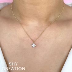 Shy Creation Mother-of-Pearl and Diamond Accent Clover Yellow Gold Pendant Necklace