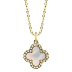 Shy Creation Mother-of-Pearl, Black Onyx and 1/6ctw Diamond Double-Sided Clover Yellow Gold Necklace