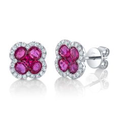 Shy Creation Ruby and 1/3ctw Diamond White Gold Clover Stud Earrings