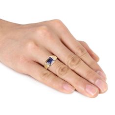 Square Created Blue Sapphire and Diamond Accent Yellow Gold Ring | Men