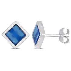 Square Double-Flat Cut Blue Agate Sterling Silver Stud Earrings