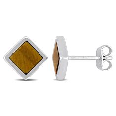 Square Double Flat-Cut Tiger Eye Sterling Silver Stud Earrings