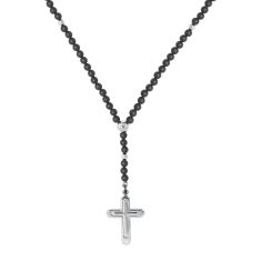 Stainless Steel Black Onyx Cross Rosary Necklace | 24 Inches | Men's