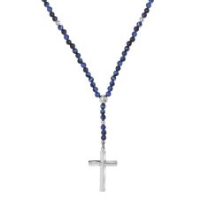 Stainless Steel Blue Tiger Eye Cross Rosary Necklace | 24 Inches | Men's