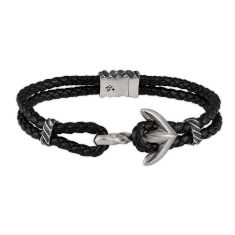 Sterling Silver Anchor Men's Black Leather Bracelet