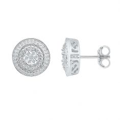 Sterling Silver Diamond Cluster Halo Earrings 1/20ctw