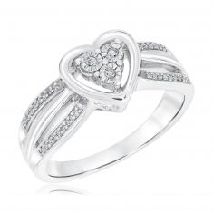 Sterling Silver Diamond Heart and Three Row Promise Ring 1/15ctw